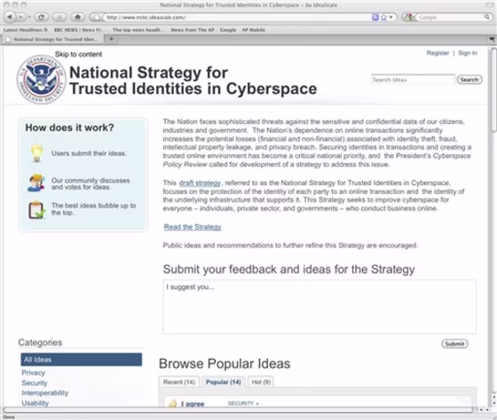This screen shot of the U.S. Department of Homeland Security website set up to gather input from experts and everyday Internet users on how a voluntary internet identification system should be structured. The website was already getting votes, snipes and suggestions Friday afternoon _ underscoring the incendiary nature of any discussion of Internet regulation or formal structure. (AP Photo)